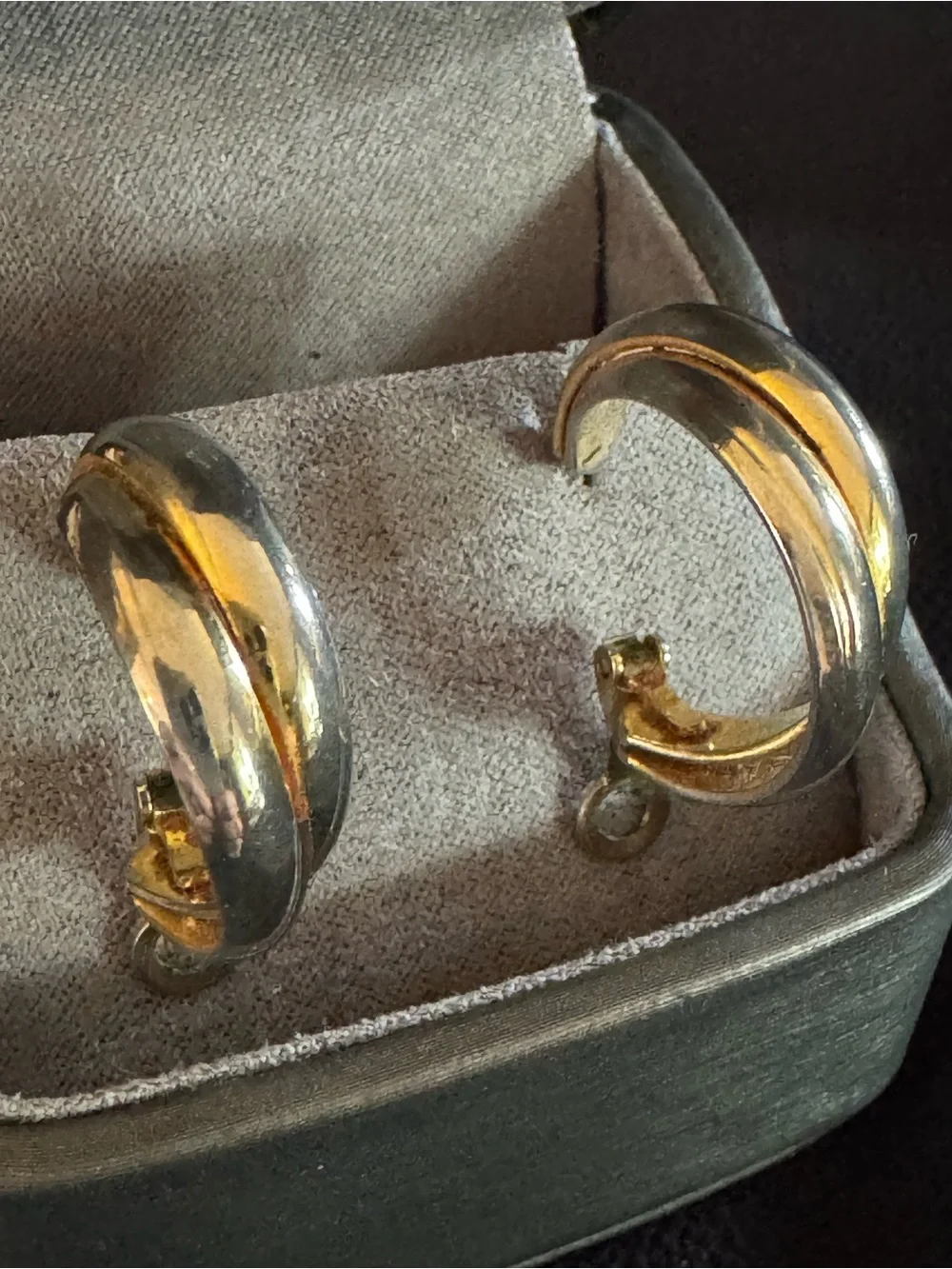 Two-Tone Double Hoop Earrings Silver Gold Tone Sculptural Huggie Style